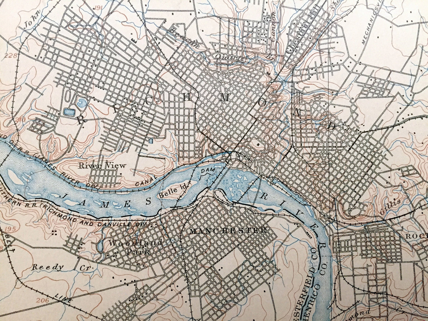 Antique Richmond, Virginia 1895 US Geological Survey Topographic Map – King William, Hanover, Henrico, Chesterfield County, James River, VA