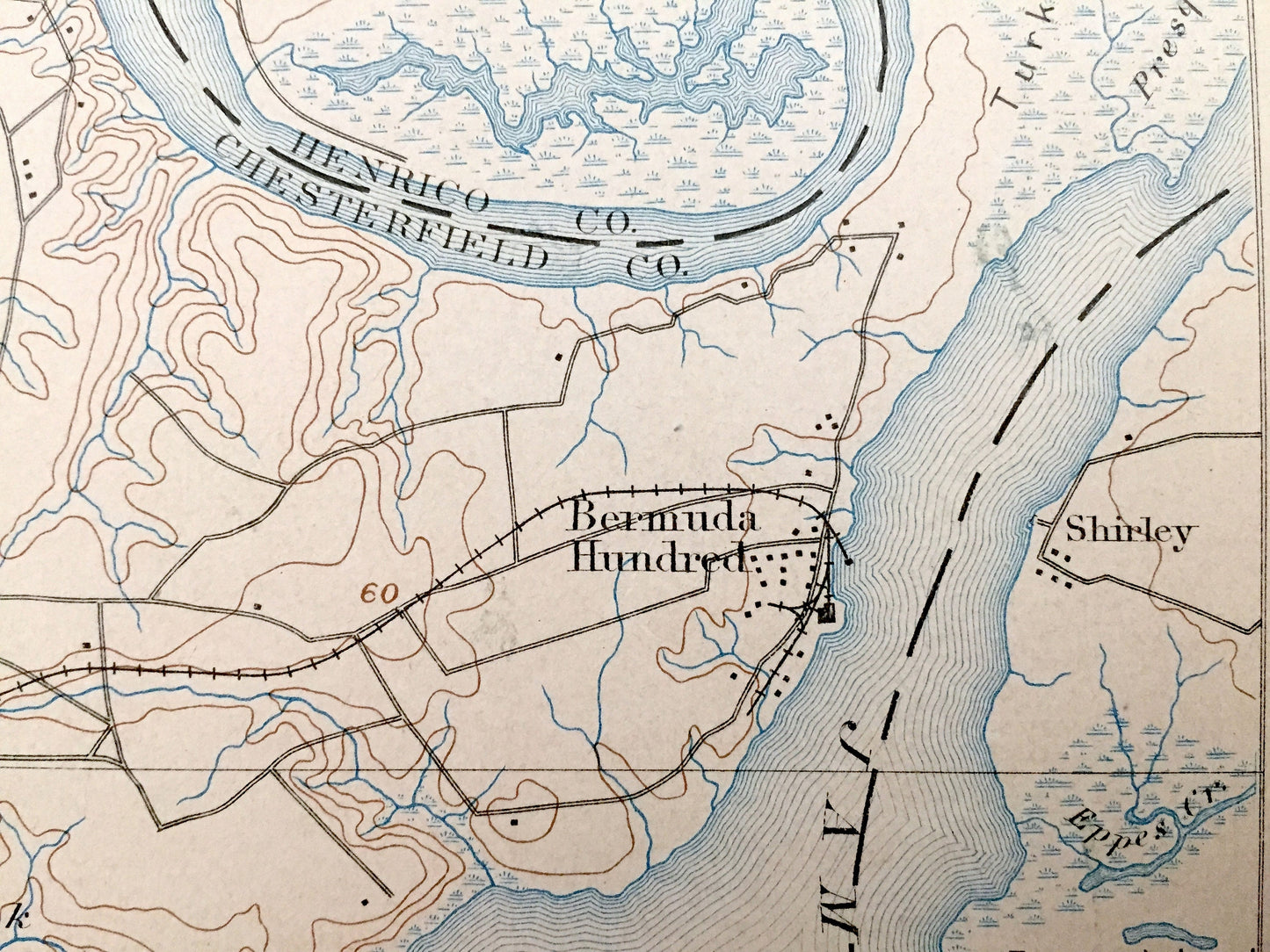 Antique Bermuda Hundred, Virginia 1894 US Geological Survey Topographic Map – Hopewell, City Point, Chester, Richmond, Colonial Heights, VA