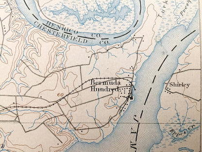 Antique Bermuda Hundred, Virginia 1894 US Geological Survey Topographic Map – Hopewell, City Point, Chester, Richmond, Colonial Heights, VA