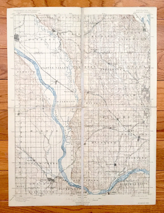 Antique Fremont, Nebraska 1896 US Geological Survey Topographic Map – Platte, Elkhorn, Nickerson, Lincoln, Fontanelle Bell Creek Richland NE