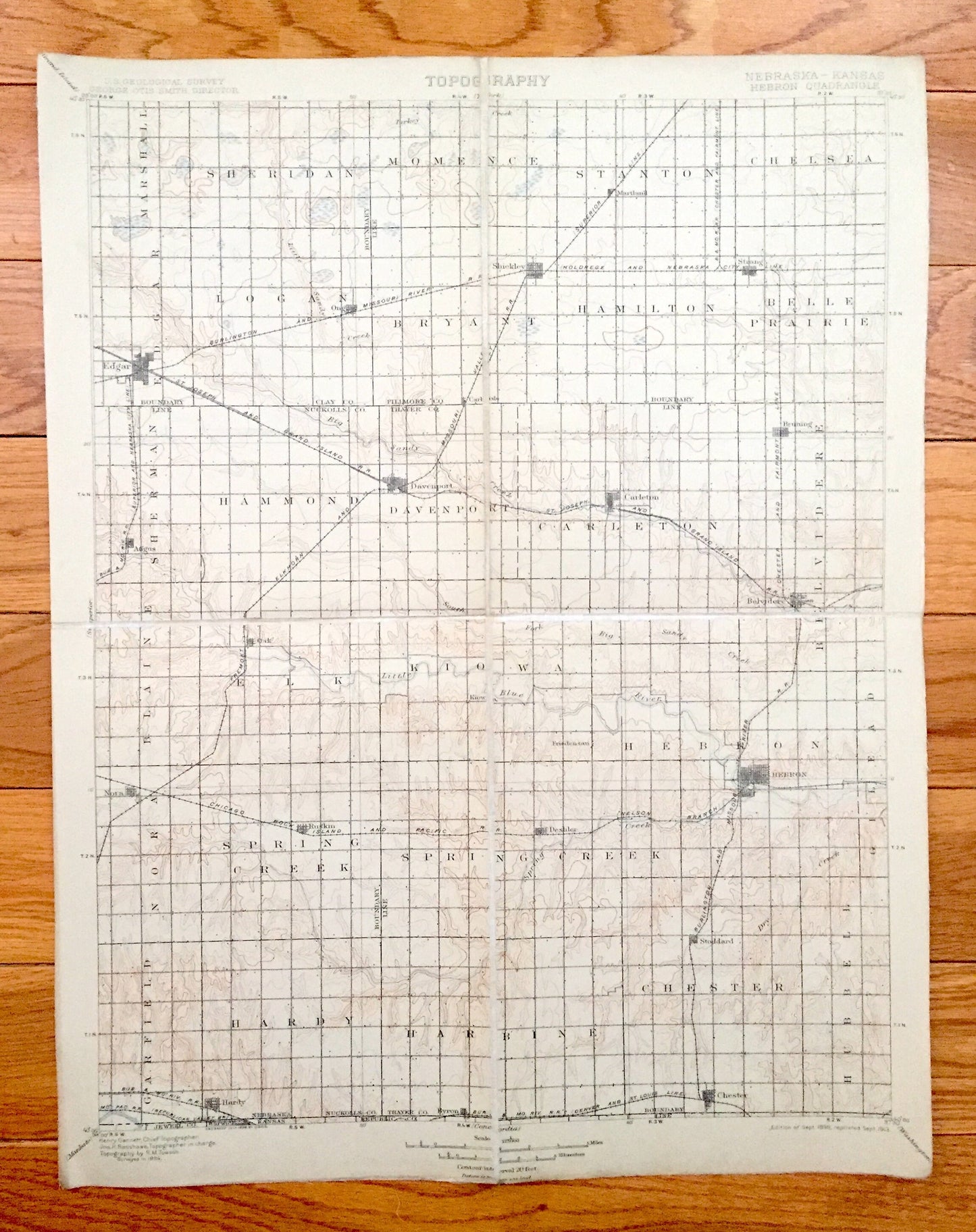 Antique Hebron, Nebraska 1898 US Geological Survey Topographic Map – Spring Creek, Chester, Hubell, Gilead, Kiowa, Hardy Harbine Garfield NE