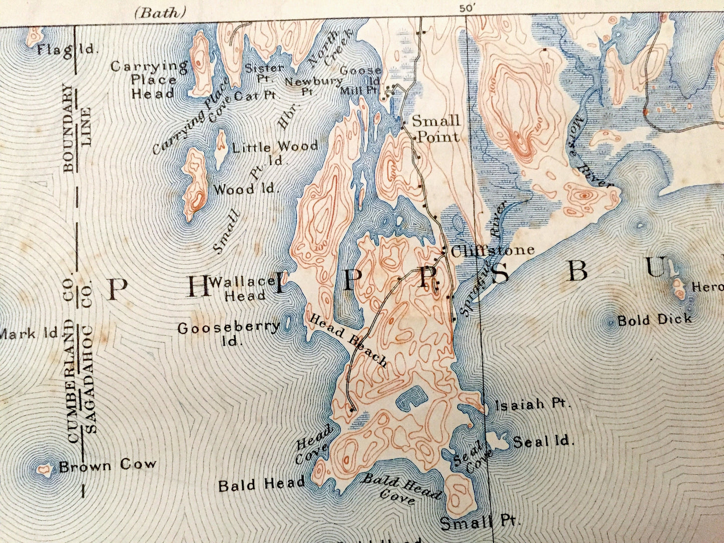 Antique Small Point, Maine 1893 US Geological Survey Topographic Map – Harpswell, Phippsburg, Cliffstone, Popham Beach, Cumberland, Casco ME