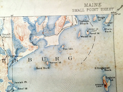 Antique Small Point, Maine 1893 US Geological Survey Topographic Map – Harpswell, Phippsburg, Cliffstone, Popham Beach, Cumberland, Casco ME
