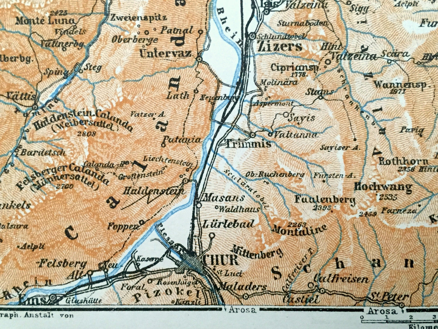 Antique 1913 Maienfeld, Switzerland Map from Baedekers Guide Atlas – Ragaz, Sevelen, Zizers, Schiers, Schruns, Bludenz, Chur, Ems, Sargans