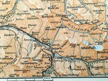 Antique 1913 Maienfeld, Switzerland Map from Baedekers Guide Atlas – Ragaz, Sevelen, Zizers, Schiers, Schruns, Bludenz, Chur, Ems, Sargans