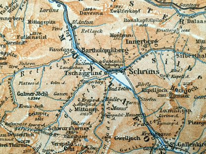 Antique 1913 Maienfeld, Switzerland Map from Baedekers Guide Atlas – Ragaz, Sevelen, Zizers, Schiers, Schruns, Bludenz, Chur, Ems, Sargans