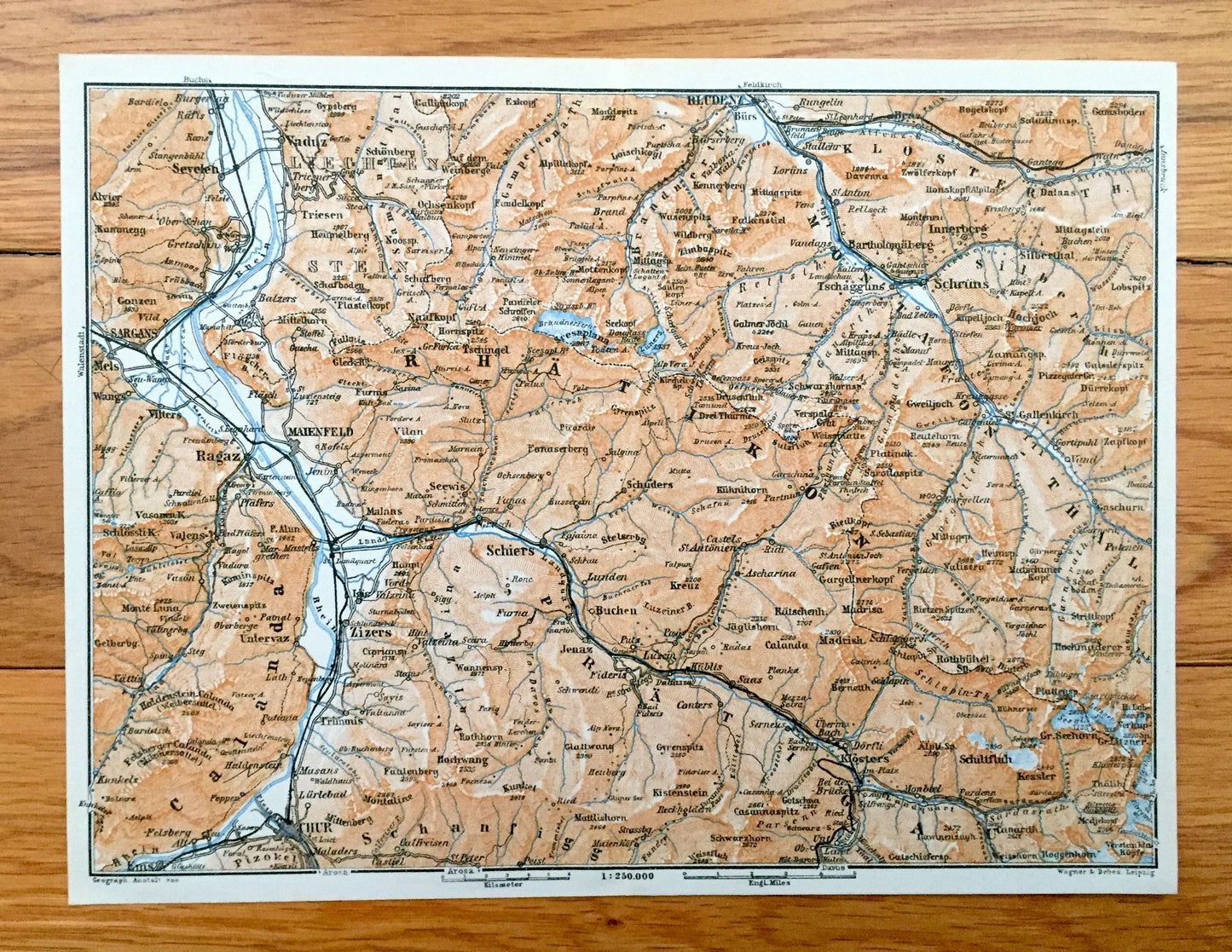 Antique 1913 Maienfeld, Switzerland Map from Baedekers Guide Atlas – Ragaz, Sevelen, Zizers, Schiers, Schruns, Bludenz, Chur, Ems, Sargans
