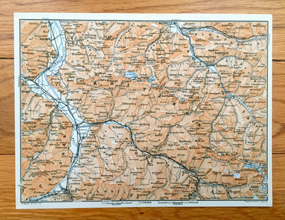 Antique 1913 Maienfeld, Switzerland Map from Baedekers Guide Atlas – Ragaz, Sevelen, Zizers, Schiers, Schruns, Bludenz, Chur, Ems, Sargans