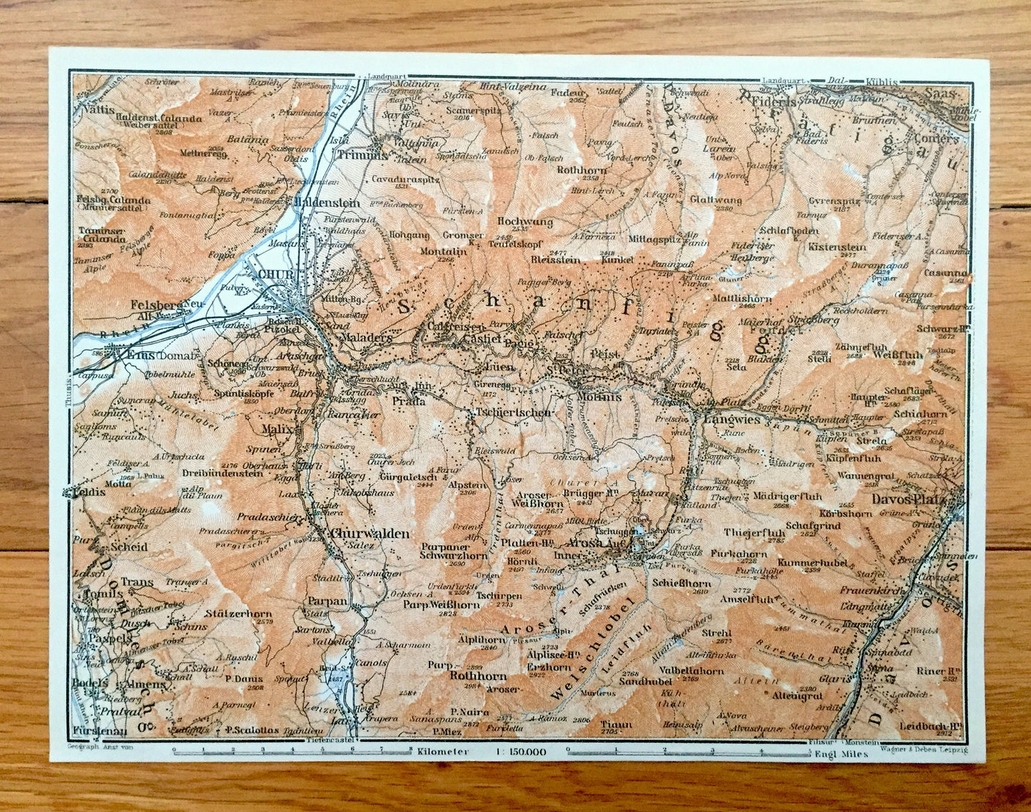 Antique 1913 Davos Platz, Switzerland Map from Baedekers Guide Atlas – Chur, Ems, Conters, Fideris, Arosa, Felsberg, Trimmis, Haldenstein