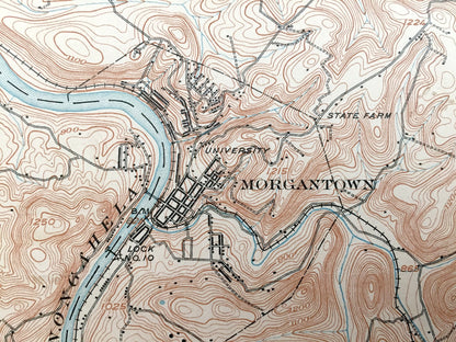 Antique Morgantown, West Virginia 1902 US Geological Survey Topographic Map – Monongalia County, Morgan, Cass, Dunkard, Point Marion, WVU