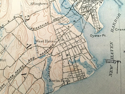 Antique New Haven, Connecticut 1892 US Geological Survey Topographic Map – East, North, Branford, Orange, Bethany, Cheshire, Wallingford, CT