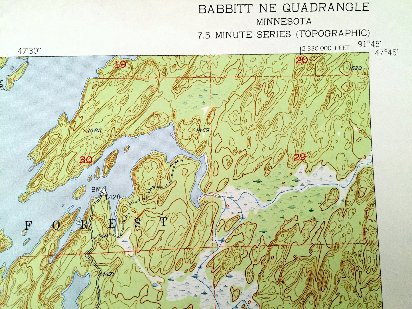 Antique Babbitt NE, Minnesota 1952 US Geological Survey Topographic Map - St Louis County, Superior National Forest, Argo, Birch Lake, MN