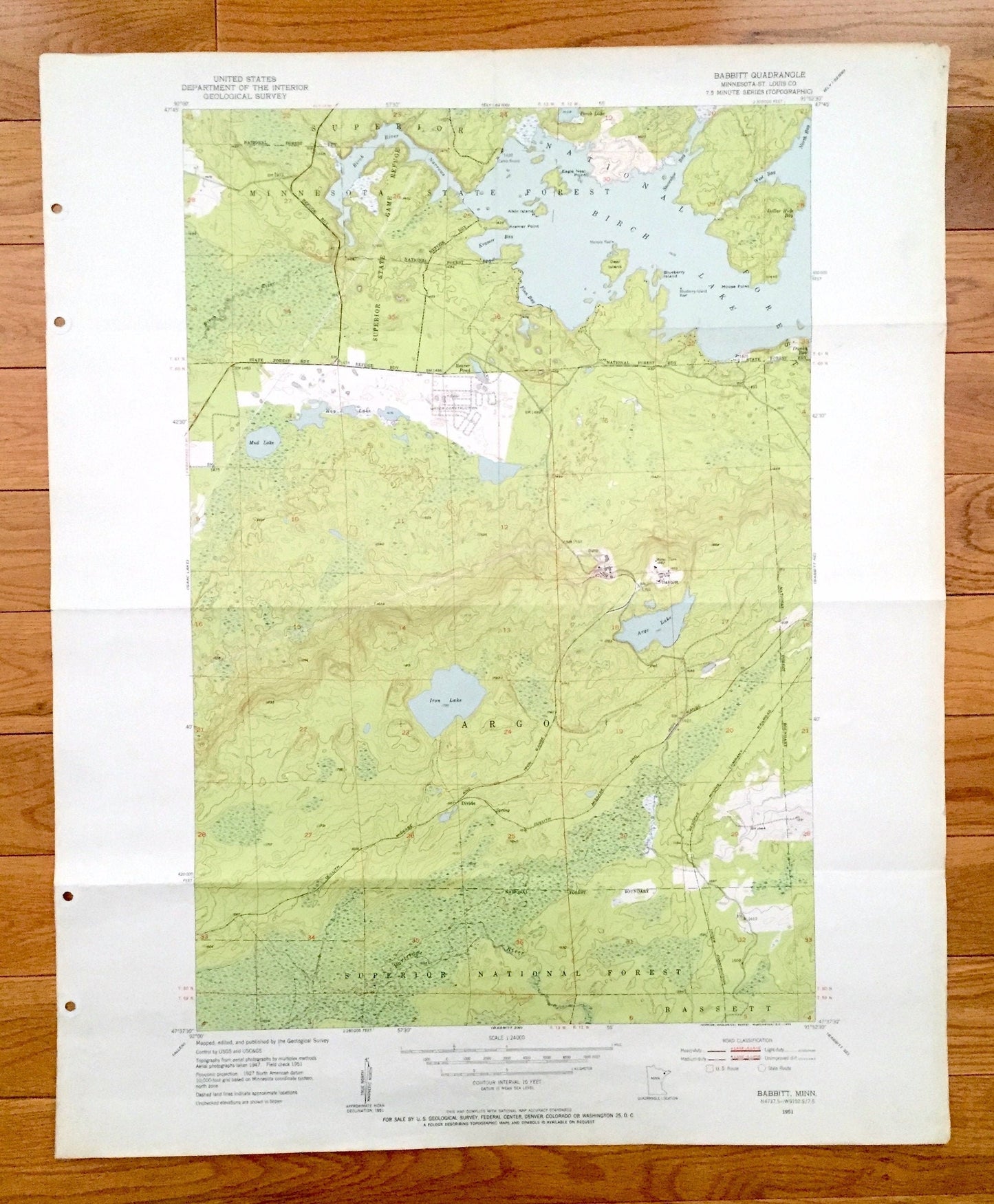Antique Babbitt, Minnesota 1951 US Geological Survey Topographic Map -  St Louis County, Superior National Forest, Argo, Bassett, Divide, MN