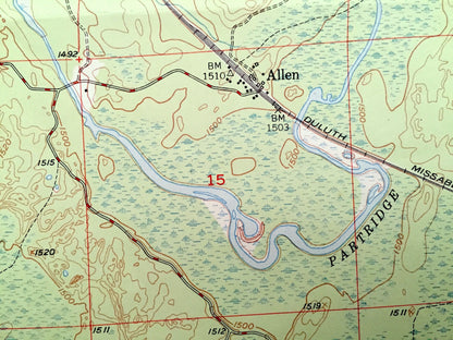 Antique Allen, Minnesota 1950 US Geological Survey Topographic Map -  St Louis County, Mesaba, Argo, Bassett, Wyman, Spring, Ridge, MN