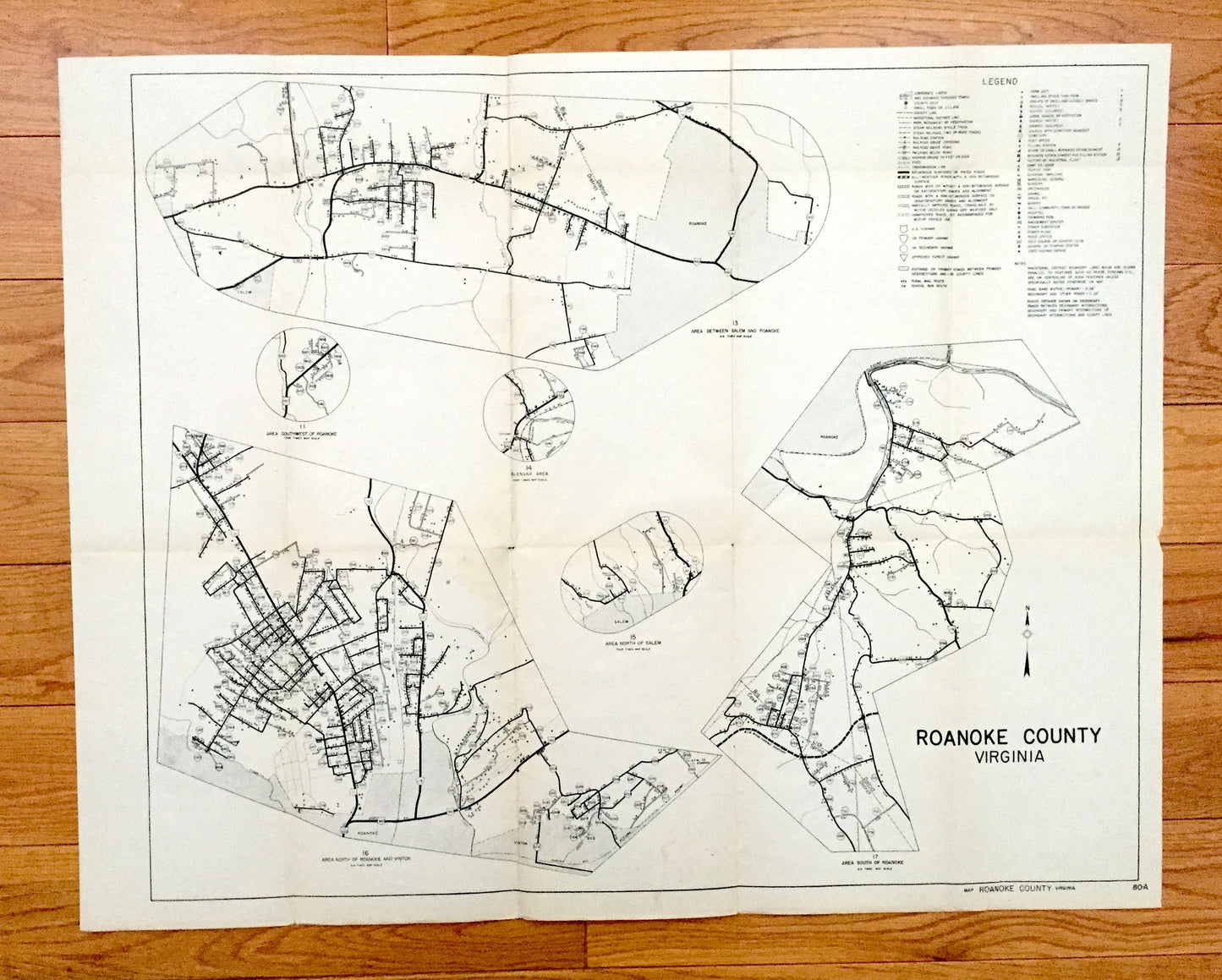 Antique Roanoke County, Virginia 1961 Highway Map – Salem, Cave Spring, Catawba, Hollins, Vinton, Windsor Hills, Glenvar, Hanging Rock, VA
