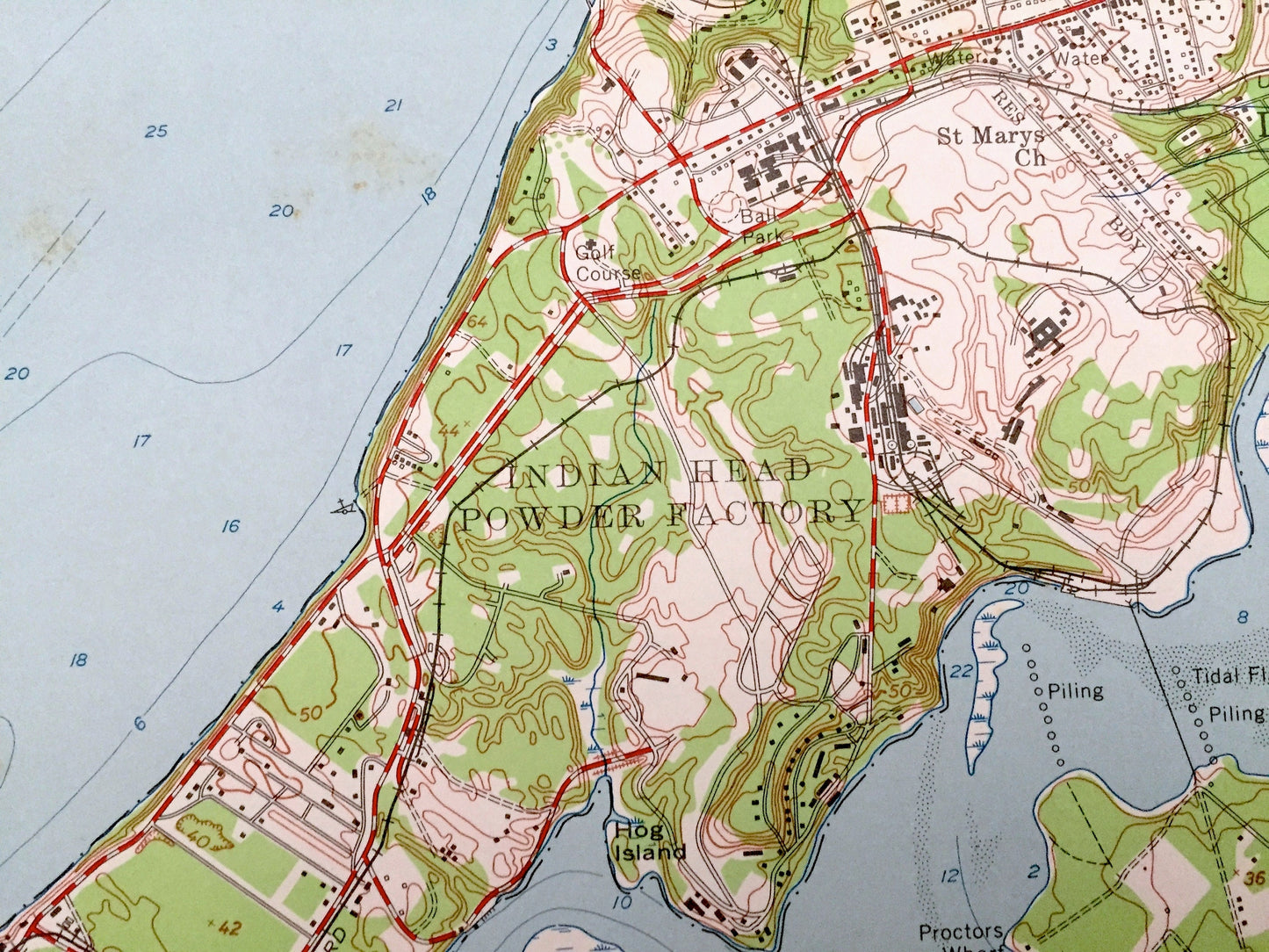 Antique Indian Head, Maryland & VA 1956 US Geological Survey Topographic Map – Charles County, Potomac Heights, Marbury Glymont Doncaster MD