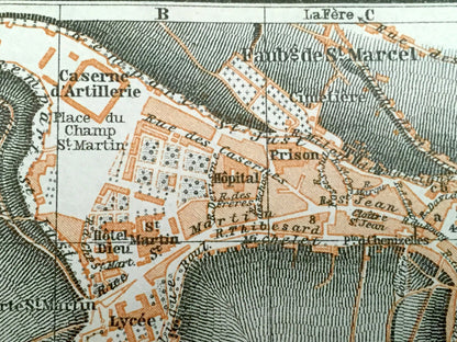 Antique 1909 Laon, France Map from Baedekers Guide Atlas – Faubourgs de St. Marcel, de Vaux, de Semilly, & d'Ardon, Aisne, Hauts-de-France