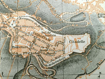 Antique 1909 Laon, France Map from Baedekers Guide Atlas – Faubourgs de St. Marcel, de Vaux, de Semilly, & d'Ardon, Aisne, Hauts-de-France