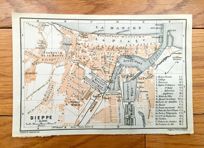 Antique 1909 Dieppe, France Map from Baedekers Guide Atlas – Normandy, beach, fishing port, WWII, Chateau de Dieppe, Gothic cathedral