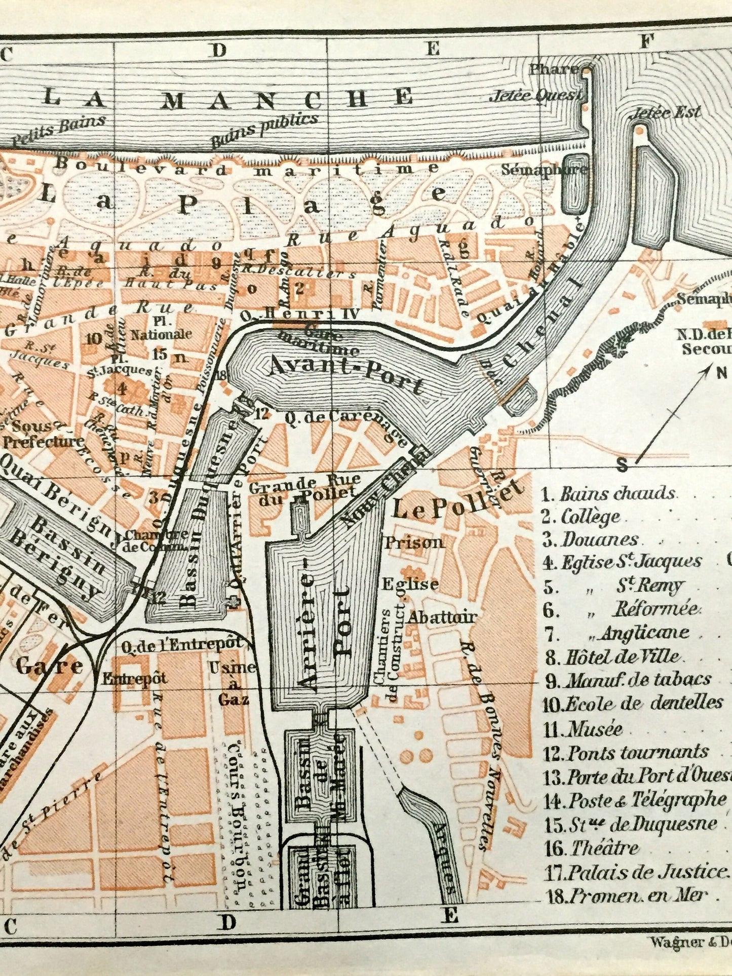 Antique 1909 Dieppe, France Map from Baedekers Guide Atlas – Normandy, beach, fishing port, WWII, Chateau de Dieppe, Gothic cathedral