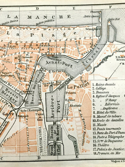 Antique 1909 Dieppe, France Map from Baedekers Guide Atlas – Normandy, beach, fishing port, WWII, Chateau de Dieppe, Gothic cathedral