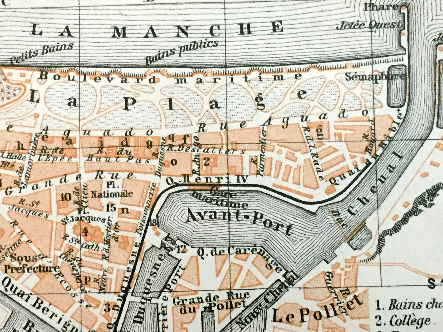 Antique 1909 Dieppe, France Map from Baedekers Guide Atlas – Normandy, beach, fishing port, WWII, Chateau de Dieppe, Gothic cathedral