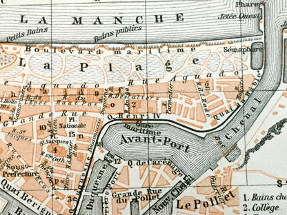 Antique 1909 Dieppe, France Map from Baedekers Guide Atlas – Normandy, beach, fishing port, WWII, Chateau de Dieppe, Gothic cathedral