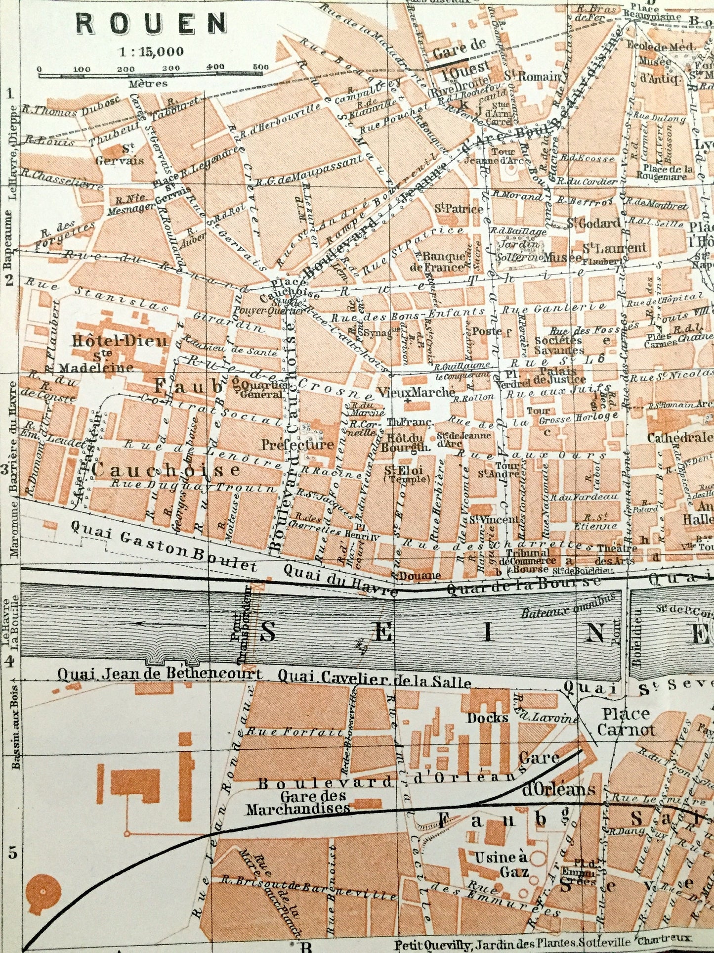 Antique 1909 Rouen, France Map from Baedekers Guide Atlas – Normandy, Seine River, Roman, Gothic, Medieval city, Notre Dame Cathedral