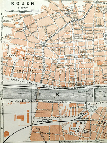 Antique 1909 Rouen, France Map from Baedekers Guide Atlas – Normandy, Seine River, Roman, Gothic, Medieval city, Notre Dame Cathedral