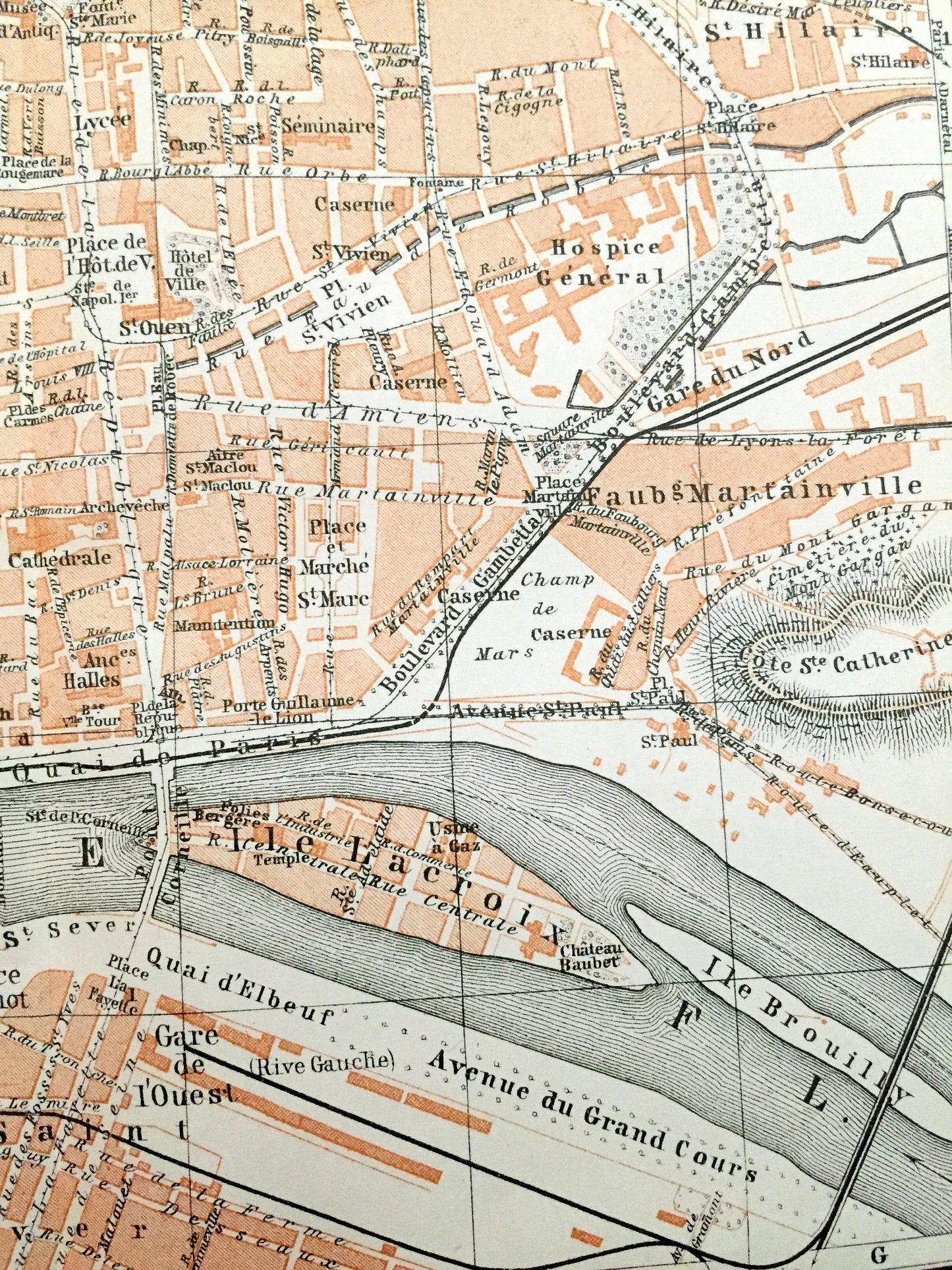 Antique 1909 Rouen, France Map from Baedekers Guide Atlas – Normandy, Seine River, Roman, Gothic, Medieval city, Notre Dame Cathedral