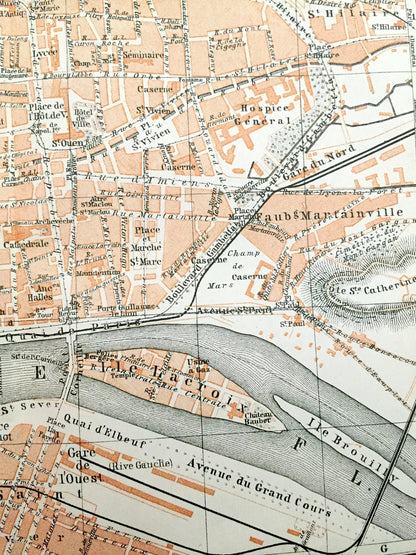 Antique 1909 Rouen, France Map from Baedekers Guide Atlas – Normandy, Seine River, Roman, Gothic, Medieval city, Notre Dame Cathedral