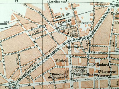 Antique 1909 Rouen, France Map from Baedekers Guide Atlas – Normandy, Seine River, Roman, Gothic, Medieval city, Notre Dame Cathedral