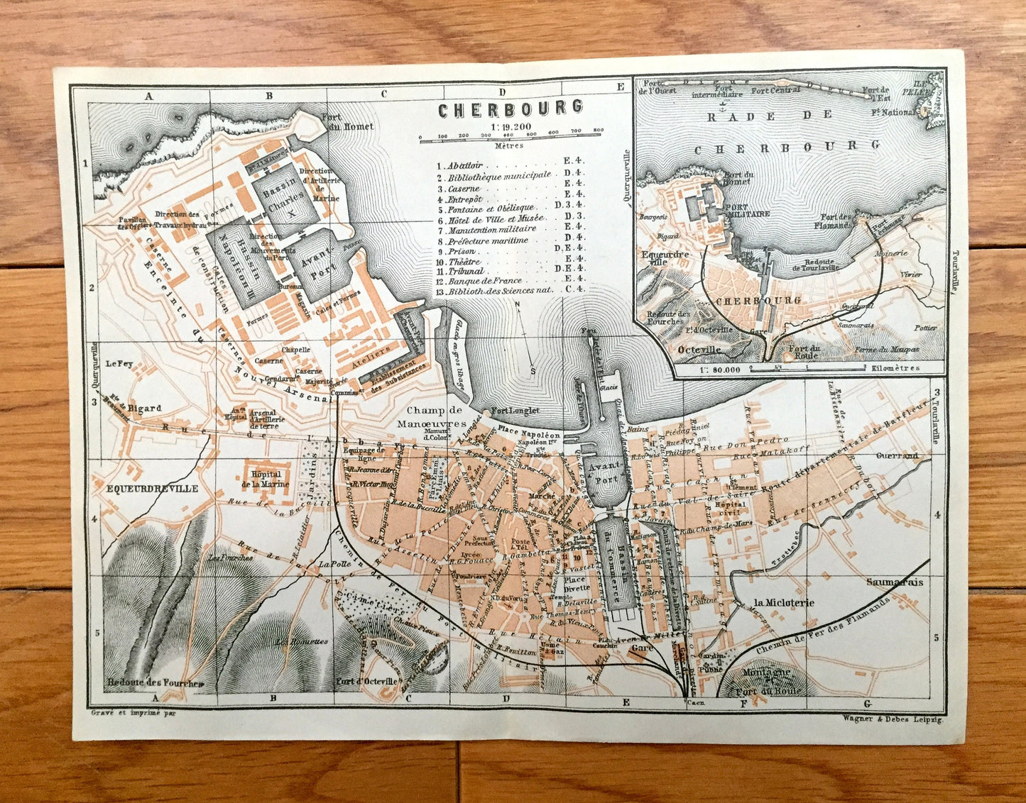 Antique 1909 Cherbourg, France Map from Baedekers Guide Atlas – Cotentin peninsula, Manche, Cherbourg-Octeville, Equeurdreville, Octeville