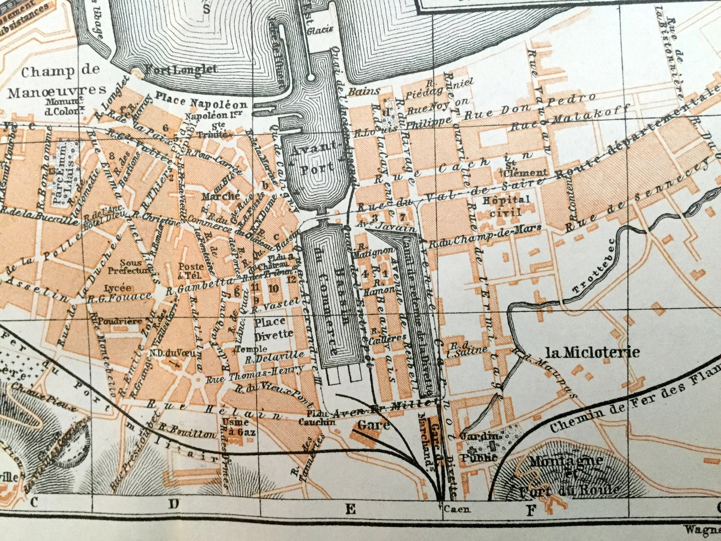 Antique 1909 Cherbourg, France Map from Baedekers Guide Atlas – Cotentin peninsula, Manche, Cherbourg-Octeville, Equeurdreville, Octeville