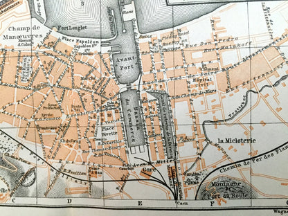 Antique 1909 Cherbourg, France Map from Baedekers Guide Atlas – Cotentin peninsula, Manche, Cherbourg-Octeville, Equeurdreville, Octeville