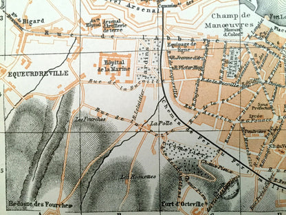Antique 1909 Cherbourg, France Map from Baedekers Guide Atlas – Cotentin peninsula, Manche, Cherbourg-Octeville, Equeurdreville, Octeville