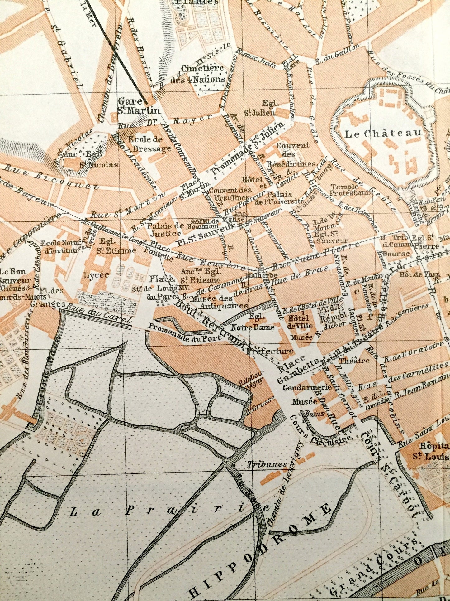 Antique 1909 Caen, France Map from Baedekers Guide Atlas – Calvados department, Normandy, Château de Caen, William the Conquerer, Hippodrome