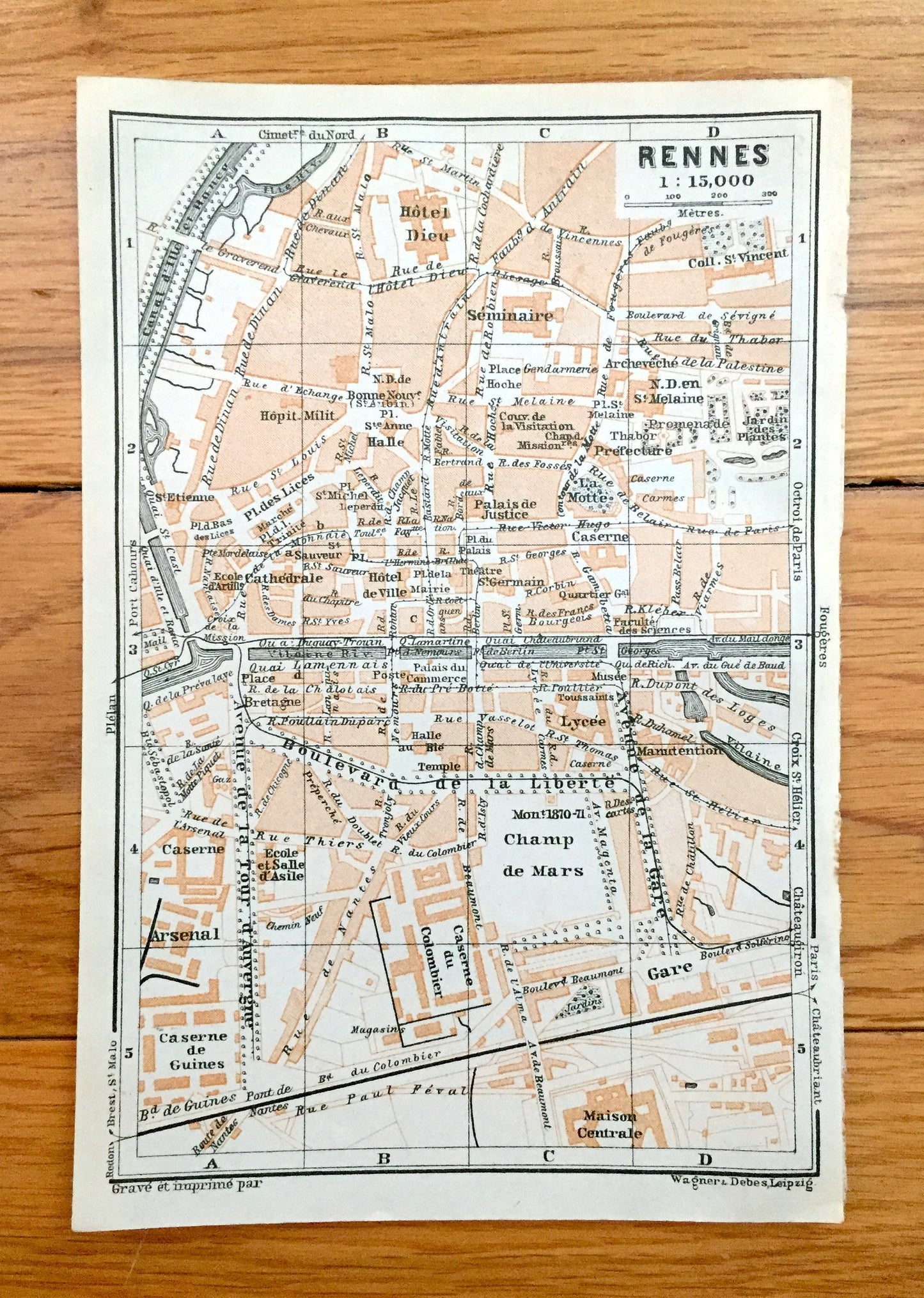 Antique 1909 Rennes, France Map from Baedekers Guide Atlas –  Brittany, Medieval, Cathedral, Vilaine River, Canal, Gare, Caserne, Seminary