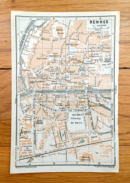 Antique 1909 Rennes, France Map from Baedekers Guide Atlas –  Brittany, Medieval, Cathedral, Vilaine River, Canal, Gare, Caserne, Seminary