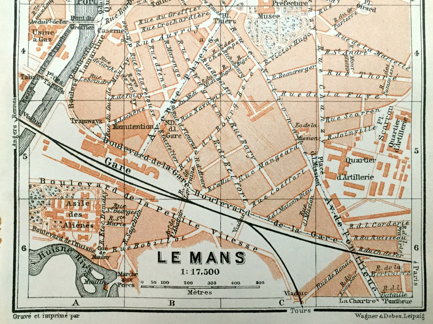 Antique 1909 Le Mans, France Map from Baedekers Guide Atlas –  Gothic, Medieval, Sarthe River, L'Huisne River, Gare, Port, Pays de la Loire