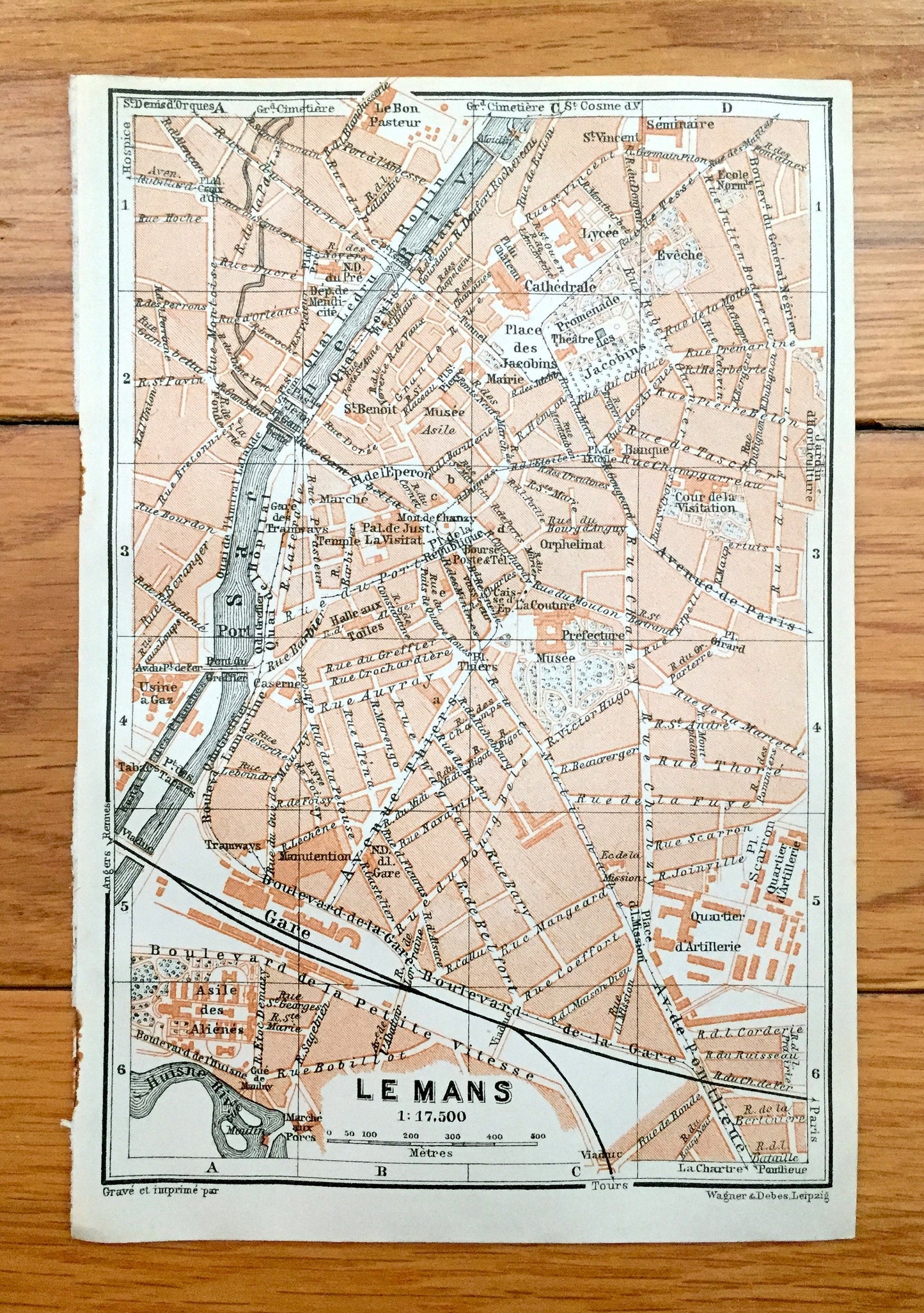 Antique 1909 Le Mans, France Map from Baedekers Guide Atlas –  Gothic, Medieval, Sarthe River, L'Huisne River, Gare, Port, Pays de la Loire
