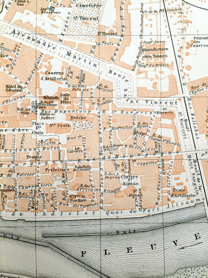 Antique 1909 Orleans, France Map from Baedekers Guide Atlas – Loire River, Joan of Arc history, Centre-Val de Loire, Faubourg Marceau, Gare
