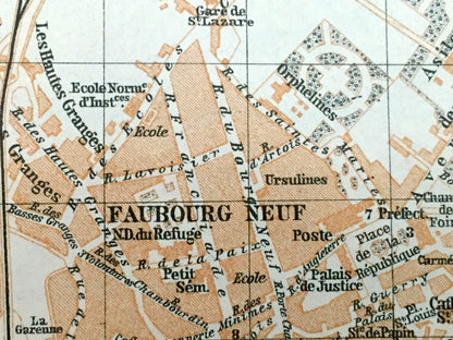 Antique 1909 Blois, France Map from Baedekers Guide Atlas –  Loire River, Loir-et-Cher department, Gothic Cathedral, Faubourgs Neuf & Vienne