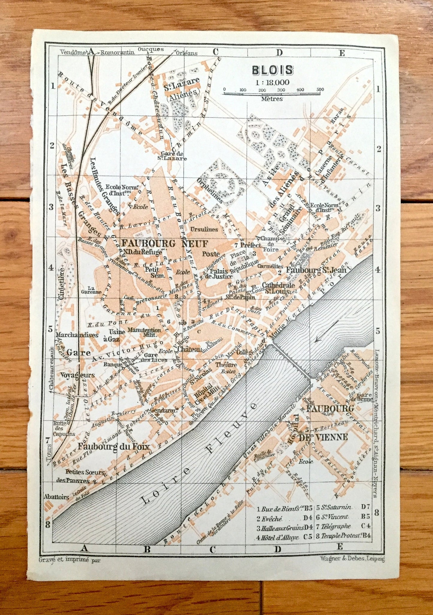 Antique 1909 Blois, France Map from Baedekers Guide Atlas –  Loire River, Loir-et-Cher department, Gothic Cathedral, Faubourgs Neuf & Vienne