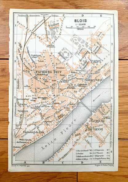 Antique 1909 Blois, France Map from Baedekers Guide Atlas –  Loire River, Loir-et-Cher department, Gothic Cathedral, Faubourgs Neuf & Vienne