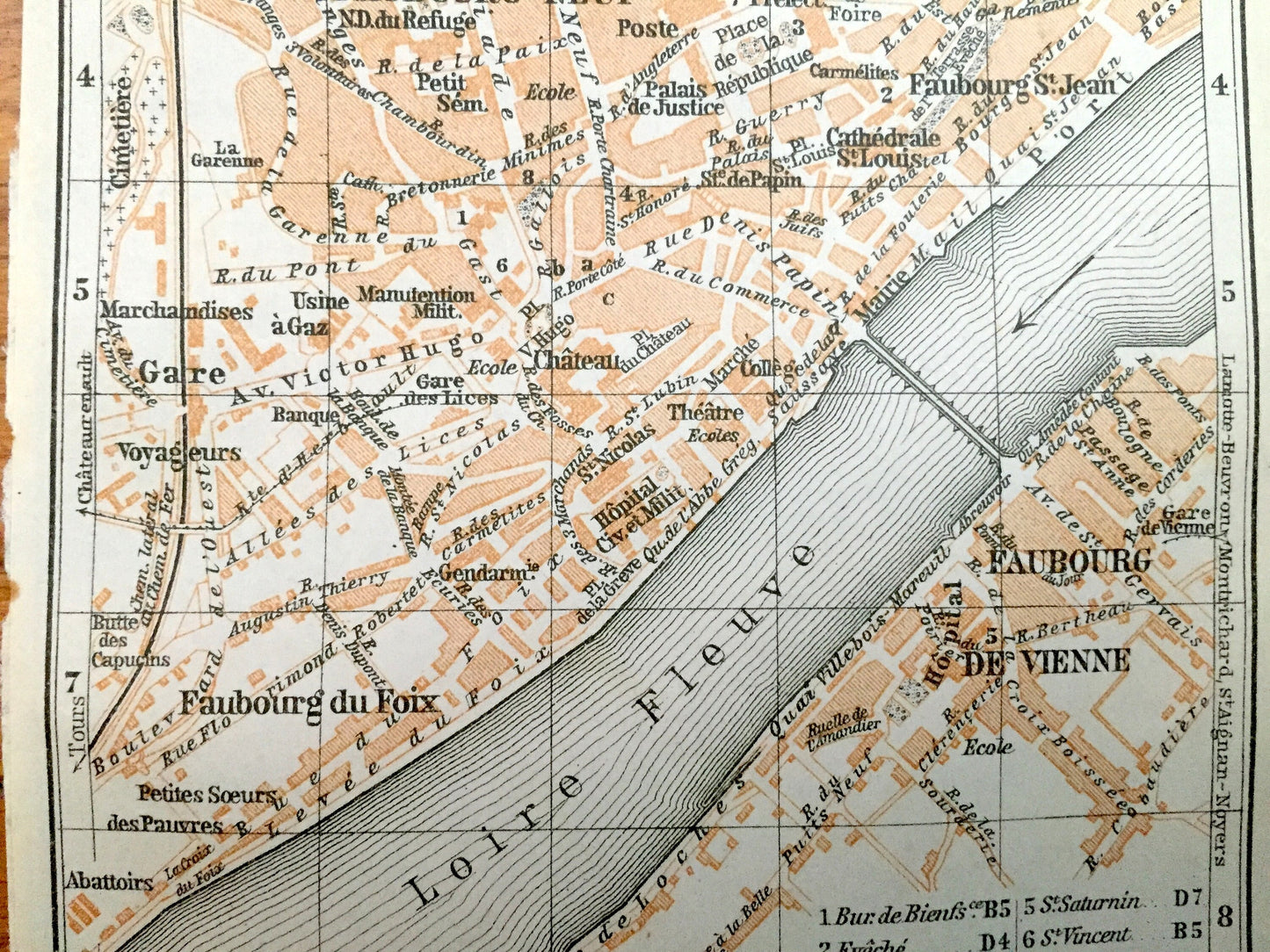 Antique 1909 Blois, France Map from Baedekers Guide Atlas –  Loire River, Loir-et-Cher department, Gothic Cathedral, Faubourgs Neuf & Vienne