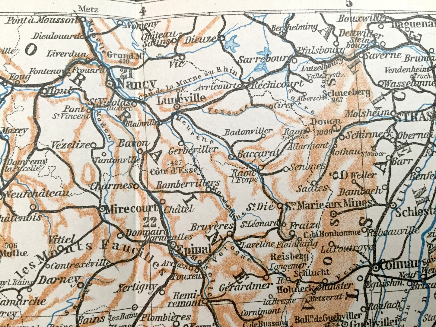 Antique 1909 South of Paris, France Map from Baedekers Guide Atlas – Lyon, Orleans, Troves, Langres, Bale, Strasbourg, Dijon, Geneva, Berne