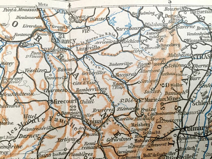 Antique 1909 South of Paris, France Map from Baedekers Guide Atlas – Lyon, Orleans, Troves, Langres, Bale, Strasbourg, Dijon, Geneva, Berne