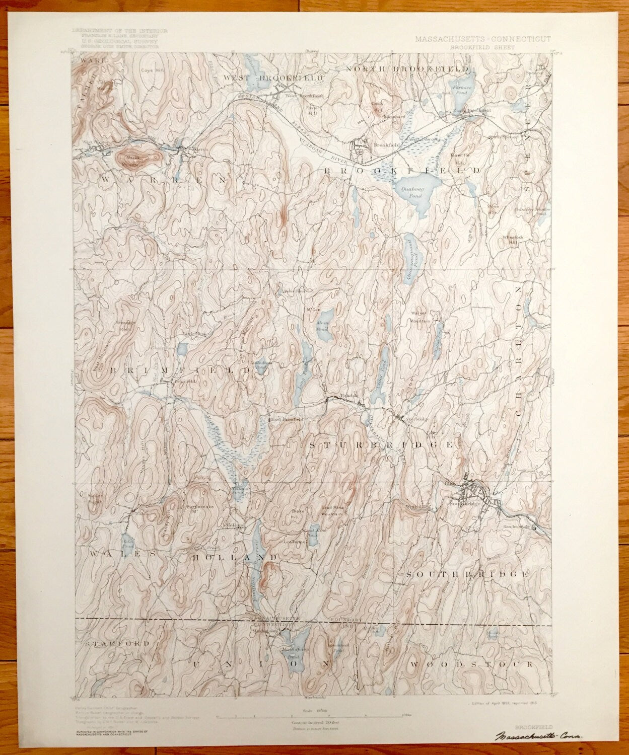 Antique Brookfield, Massachusetts 1893 US Geological Survey Topographic Map – Sturbridge, Ware, Palmer, Brinfield, Southbridge, Union, MA CT