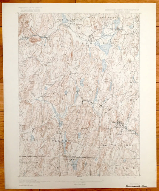 Antique Brookfield, Massachusetts 1893 US Geological Survey Topographic Map – Sturbridge, Ware, Palmer, Brinfield, Southbridge, Union, MA CT